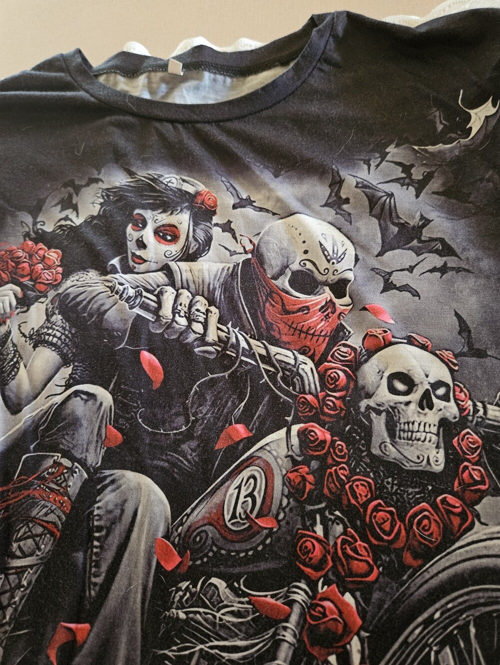 Black Graphic Skull & Roses Moto T-Shirt -Unisex